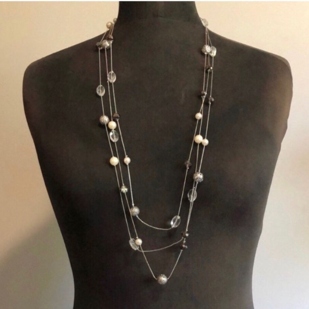 Multi-Strand Necklace, Silver With Black/White/Silver Beads